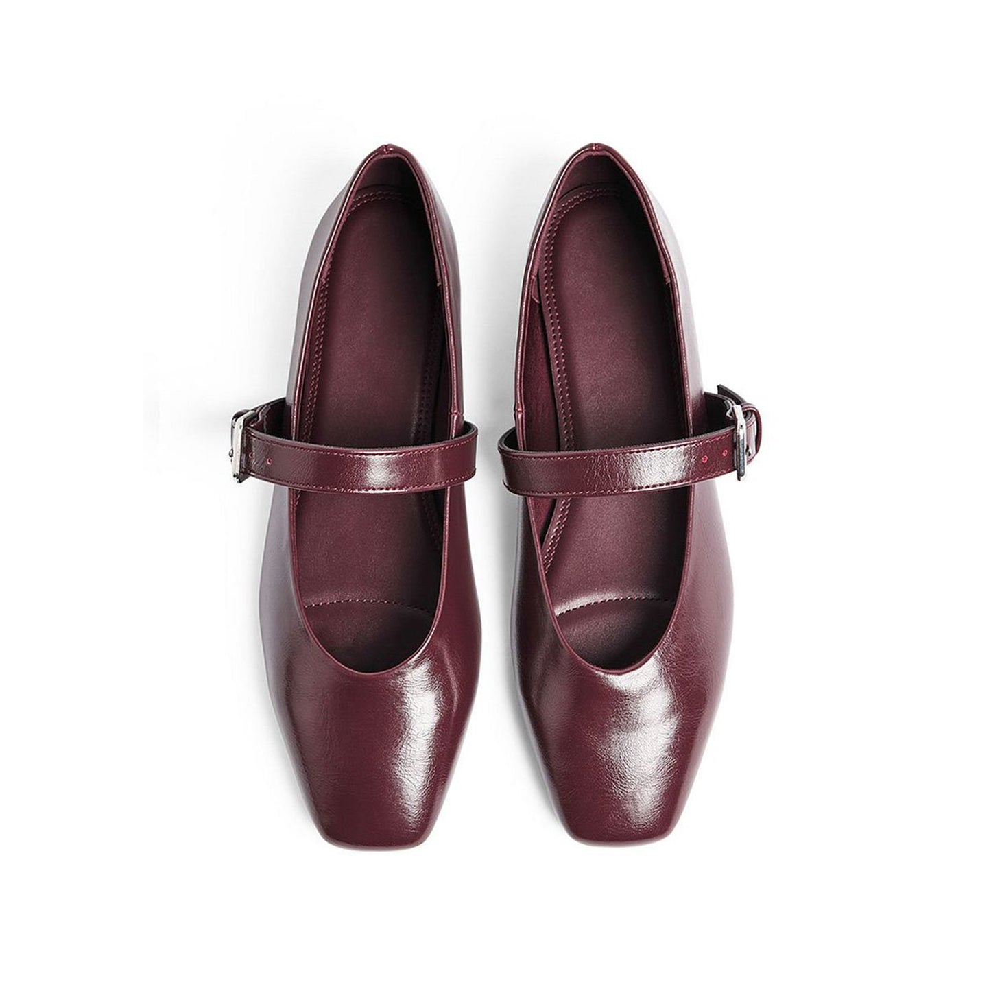 Burgundy Square-Toe Buckle Mary Jane Ballet Flats