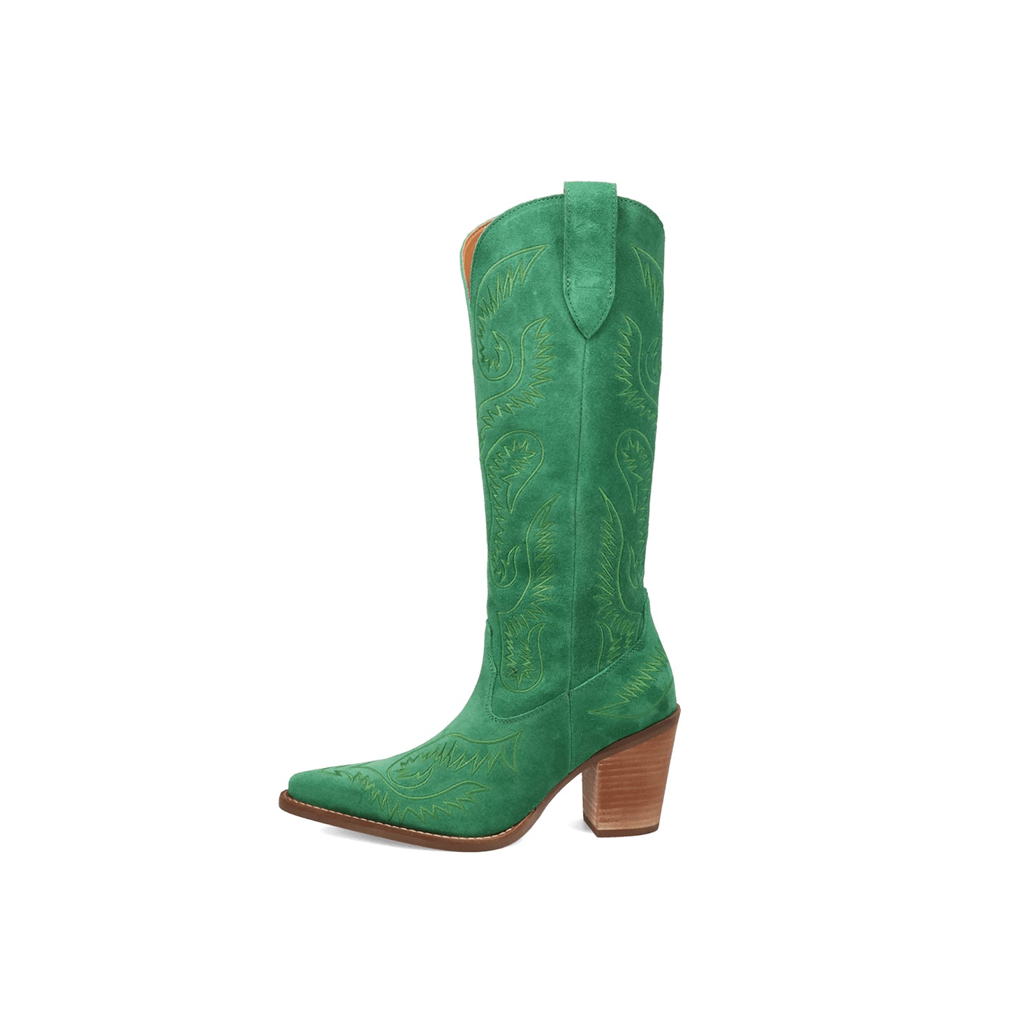 Green Faux Suede Snip-Toe Lively Embroidery Wide Calf Knee High Cowgirl Boots
