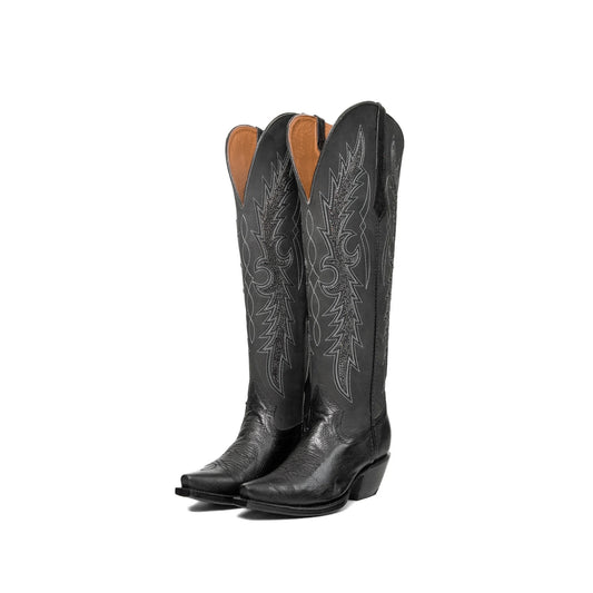 Black Snip-Toe Black Rhinestone Embroidery Half-Zip Knee High Cowgirl Boots