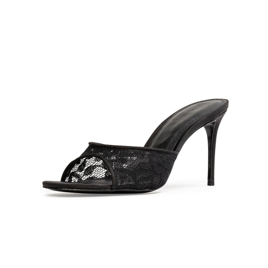 Black Lace And Satin Snip-Toe Classic Backless High Heels