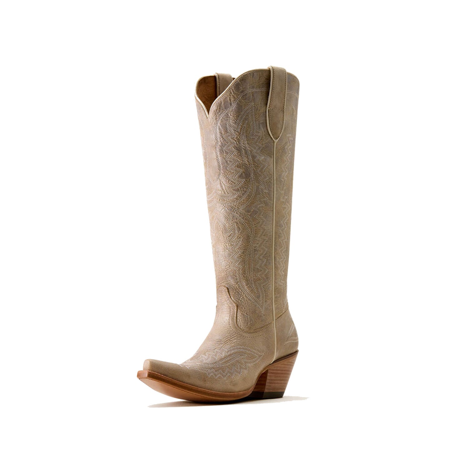 Distressed Bone Snip-Toe Intricate Embroidery Half-Zip Knee High Cowgirl Boots