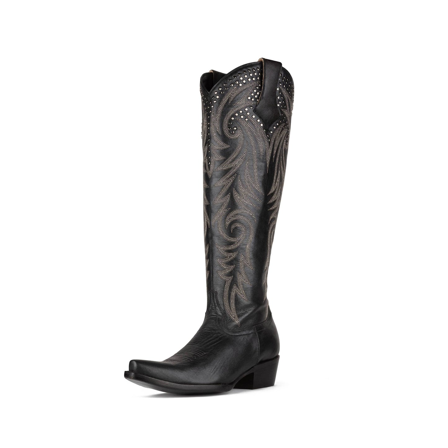 Black Snip-Toe Studs And Embroidery Classic Half-Zip Knee High Cowgirl Boots