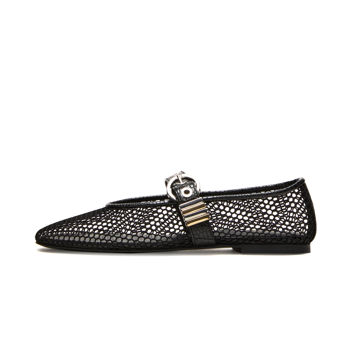 Black Mesh Round-Toe Crocodile Print Bridge Strap Ballet Flats