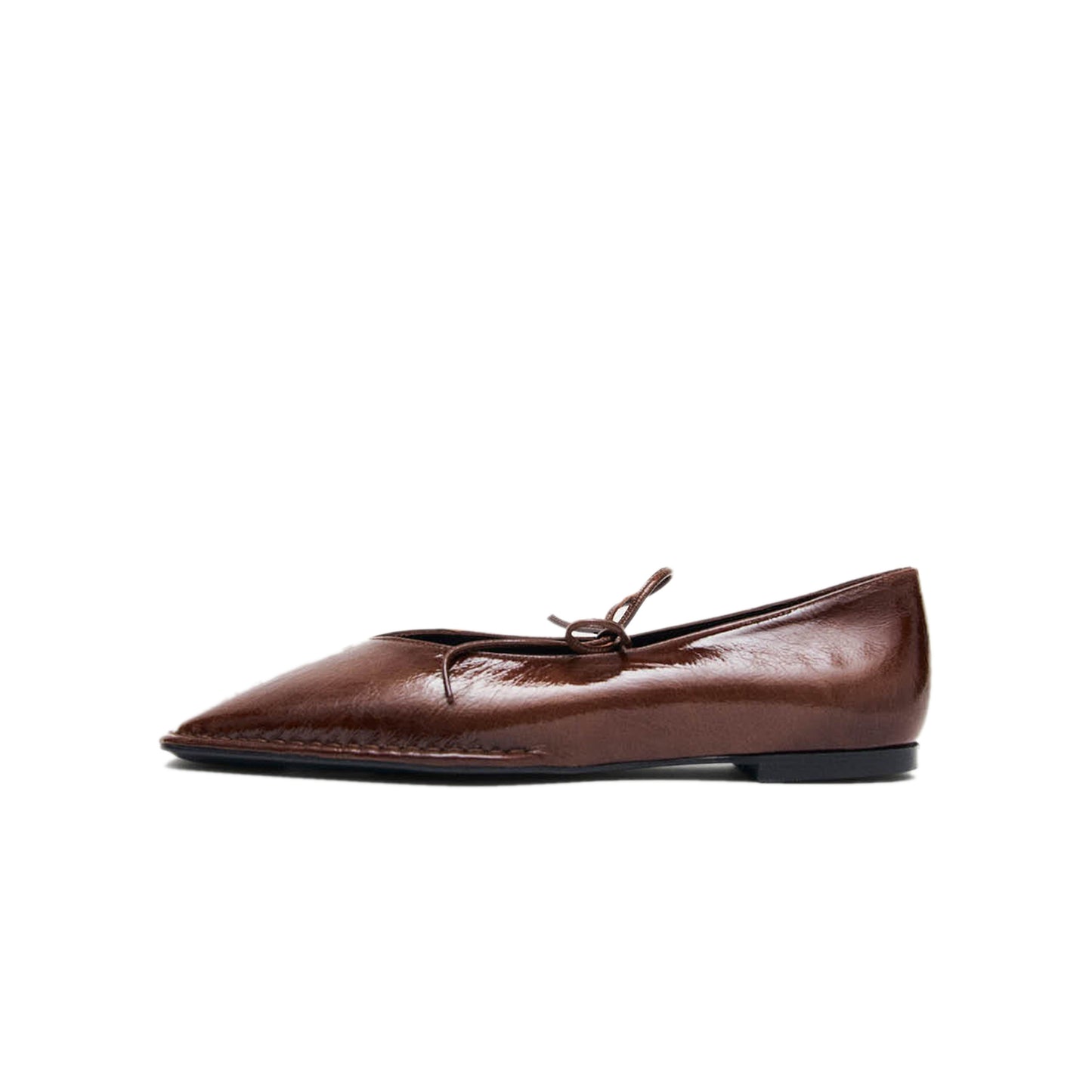 Patent Brown Square-Toe V-Cut Vamps Middle Bow Ballet Flats