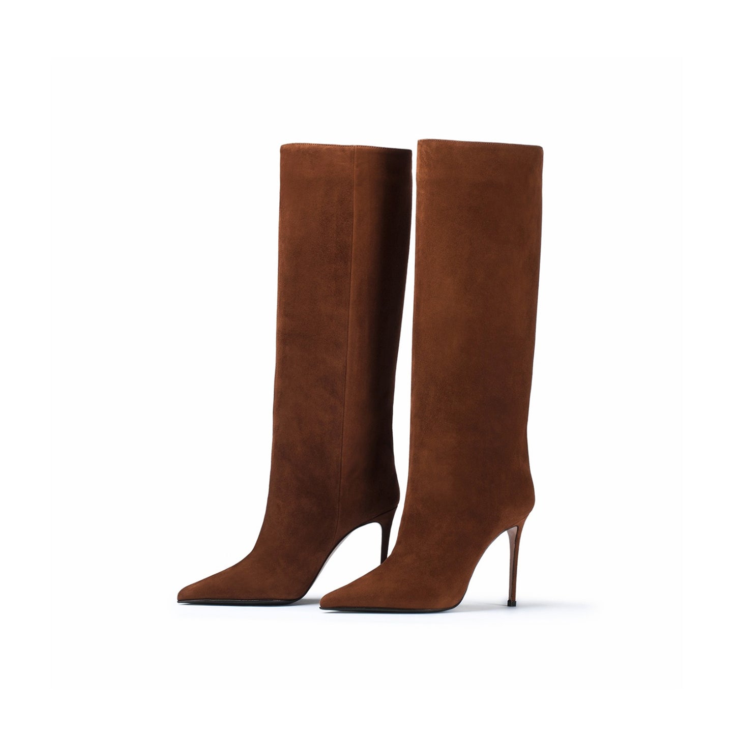 Coffee Faux Suede Pointed-Toe Simple Wide Calf Knee High Tall Stiletto Boots