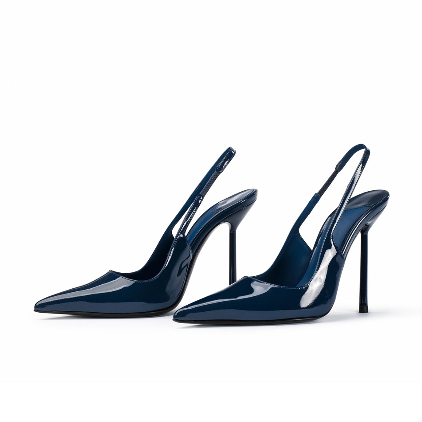 Patent Blue Pointed-Toe Sleek Slingback High Heels