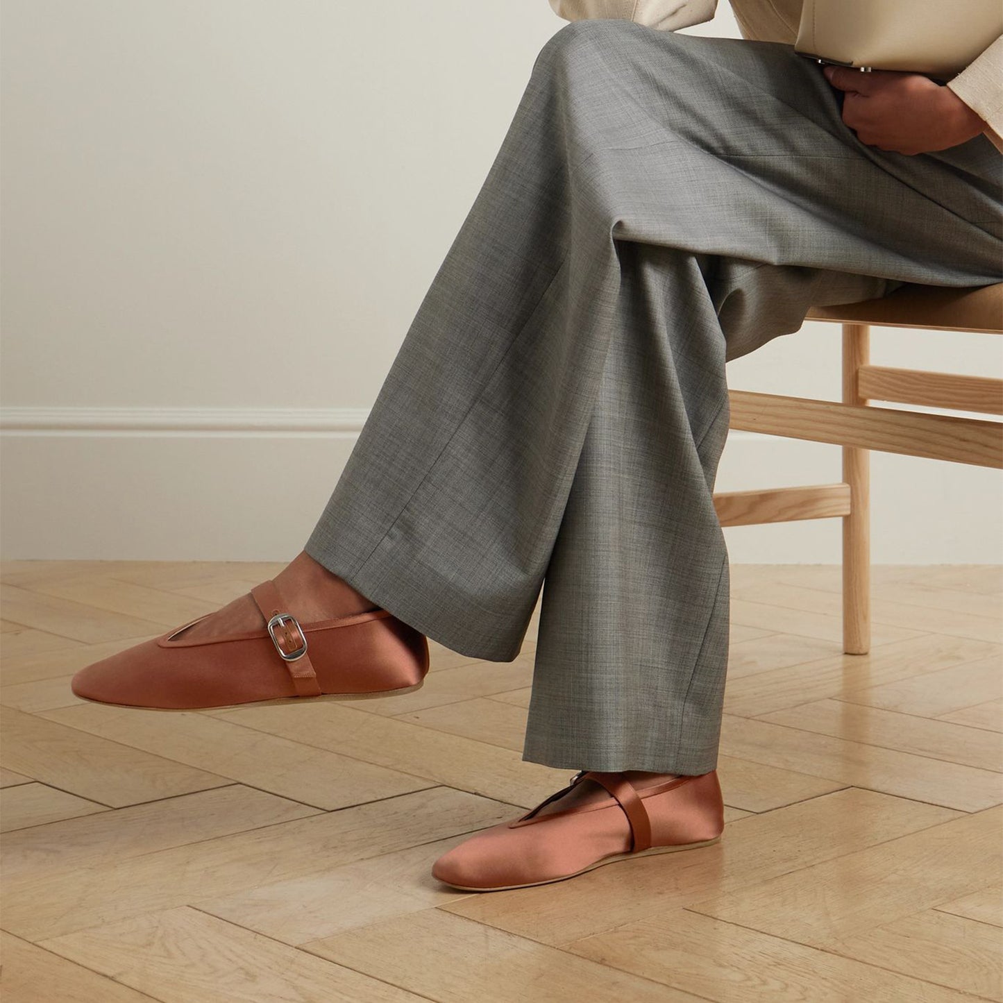 Tan Satin Square-Toe Chic Mary Jane Classic Ballet Flats