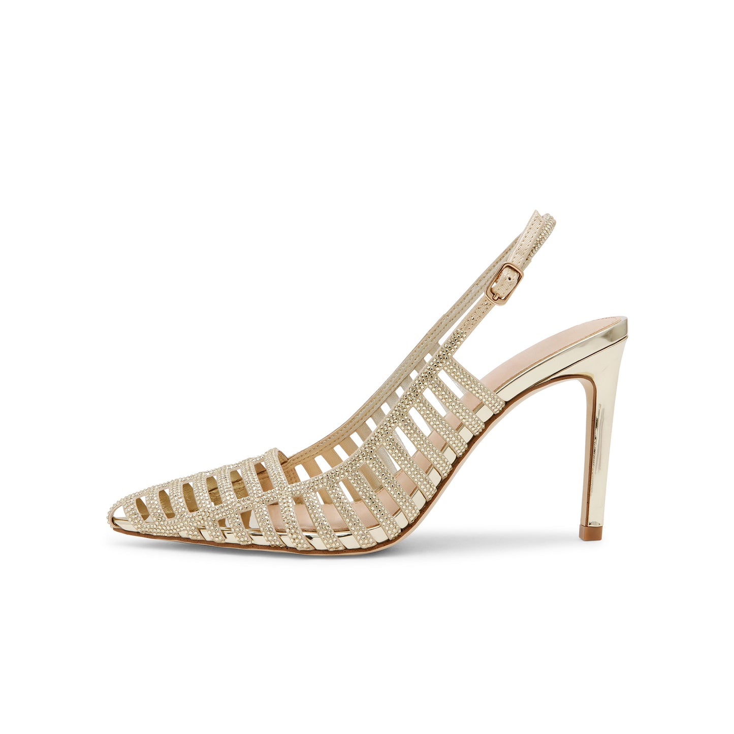 Metallic Gold Pointed-Toe Rhinestones Strappy And Slingback Kitten Heels
