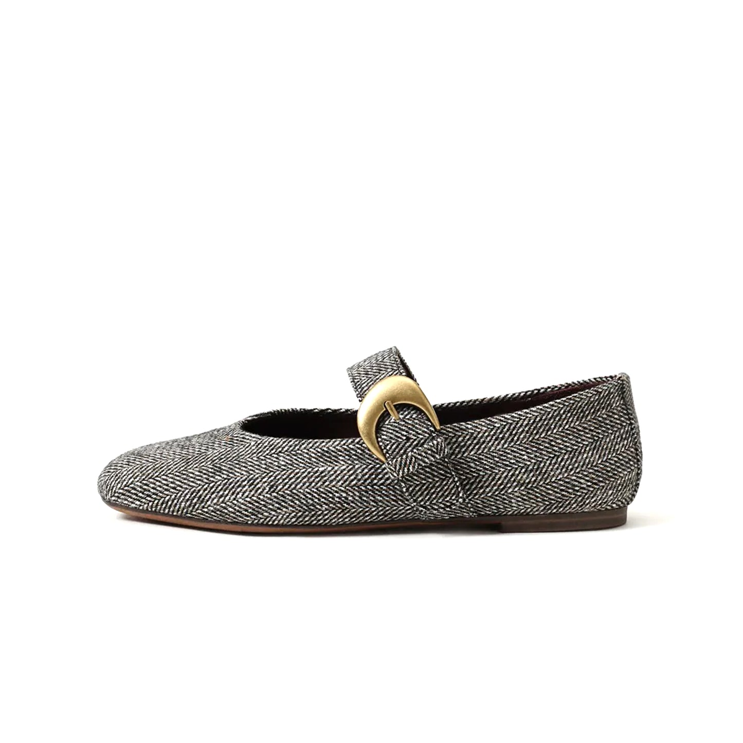 Black Figured Cloth Square-Toe Buckle Bridge Strap Ballet Flats