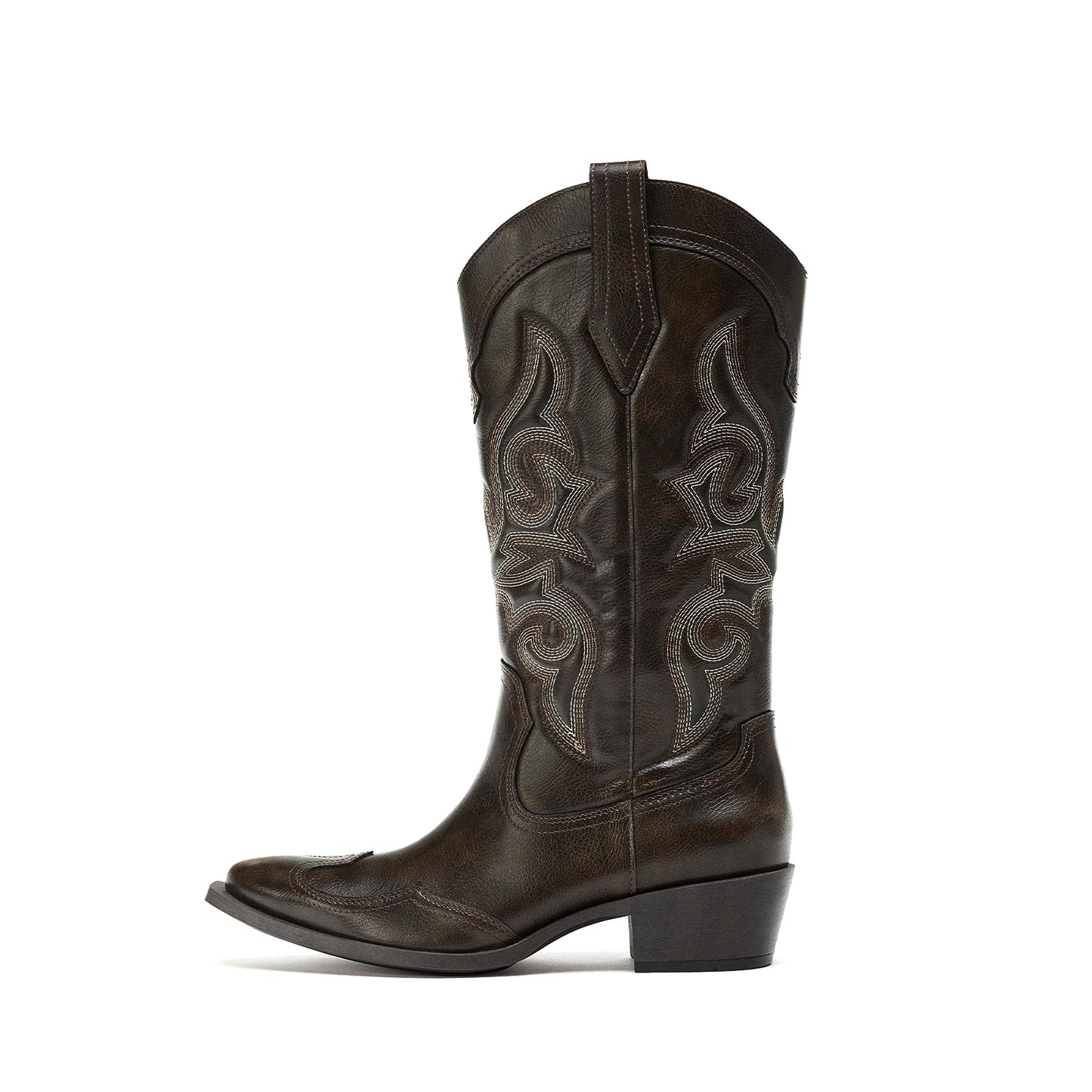 Brown Snip-Toe Embroidery Side Pull Tabs Mid Calf Cowgirl Boots