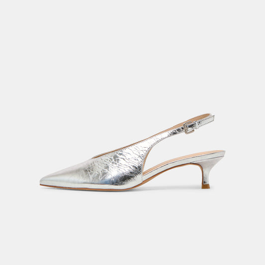 Metallic Silver Classic Pointed-Toe Slip-On Slingback Kitten Heels