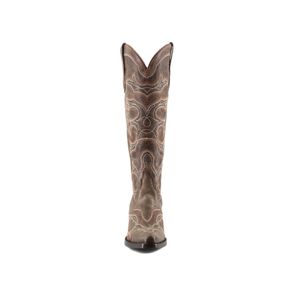 Distressed Brown Snip-Toe Wide Calf Embroidery Knee High Cowgirl Boots
