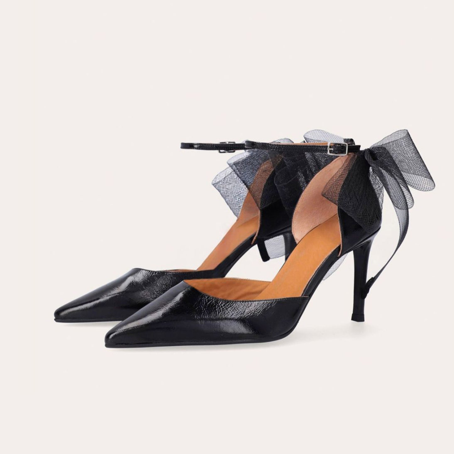 Black Pointed-Toe Chic Back Big Mesh Bow And Ankle Strap High Heels