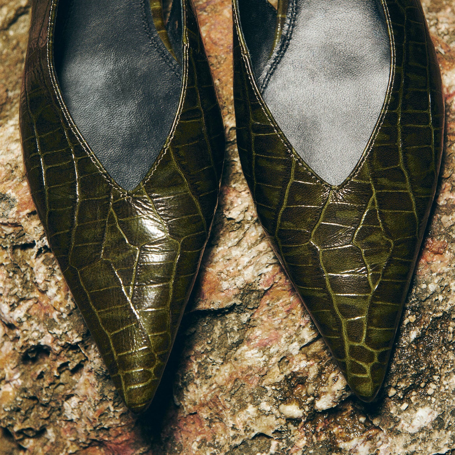 Dark Khaki Stone Print Pointed-Toe Slingback Flats