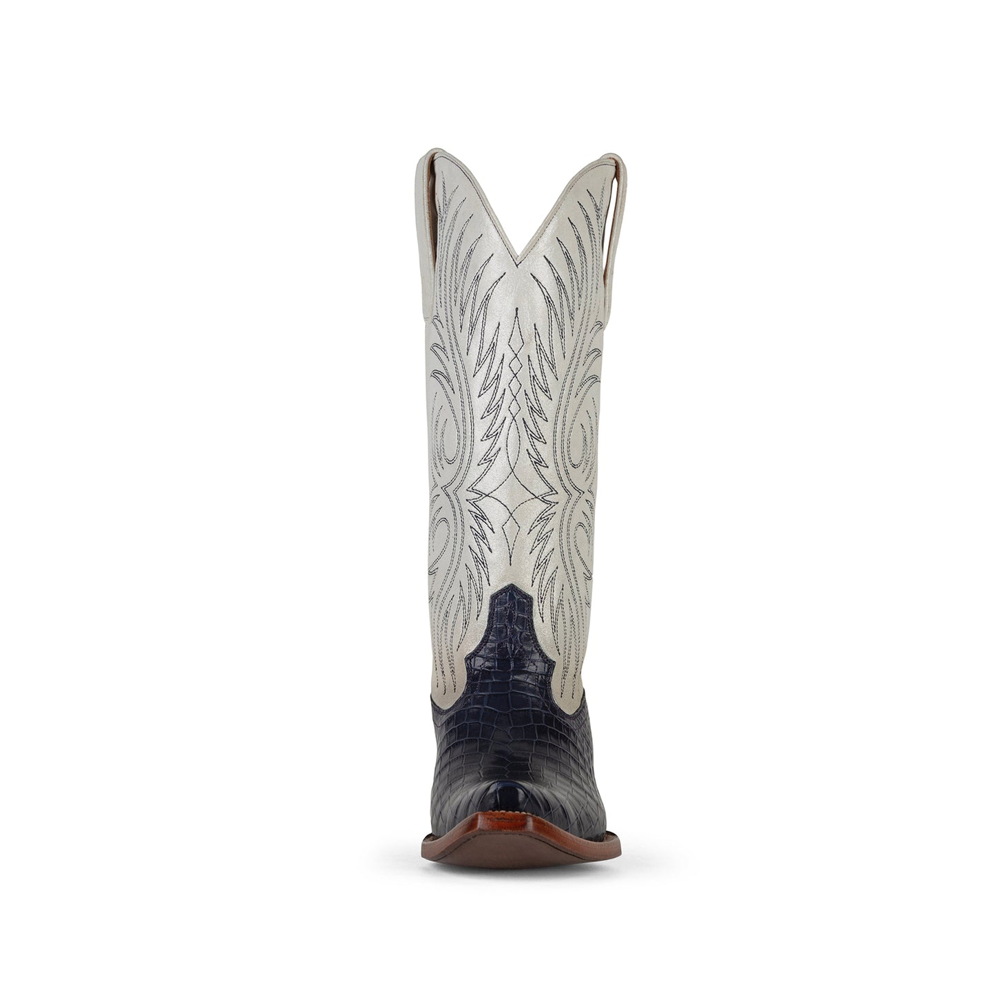 Contrast Ivory And Purple Crocodile Print Snip-Toe Embroidery Mid Calf Cowgirl Boots