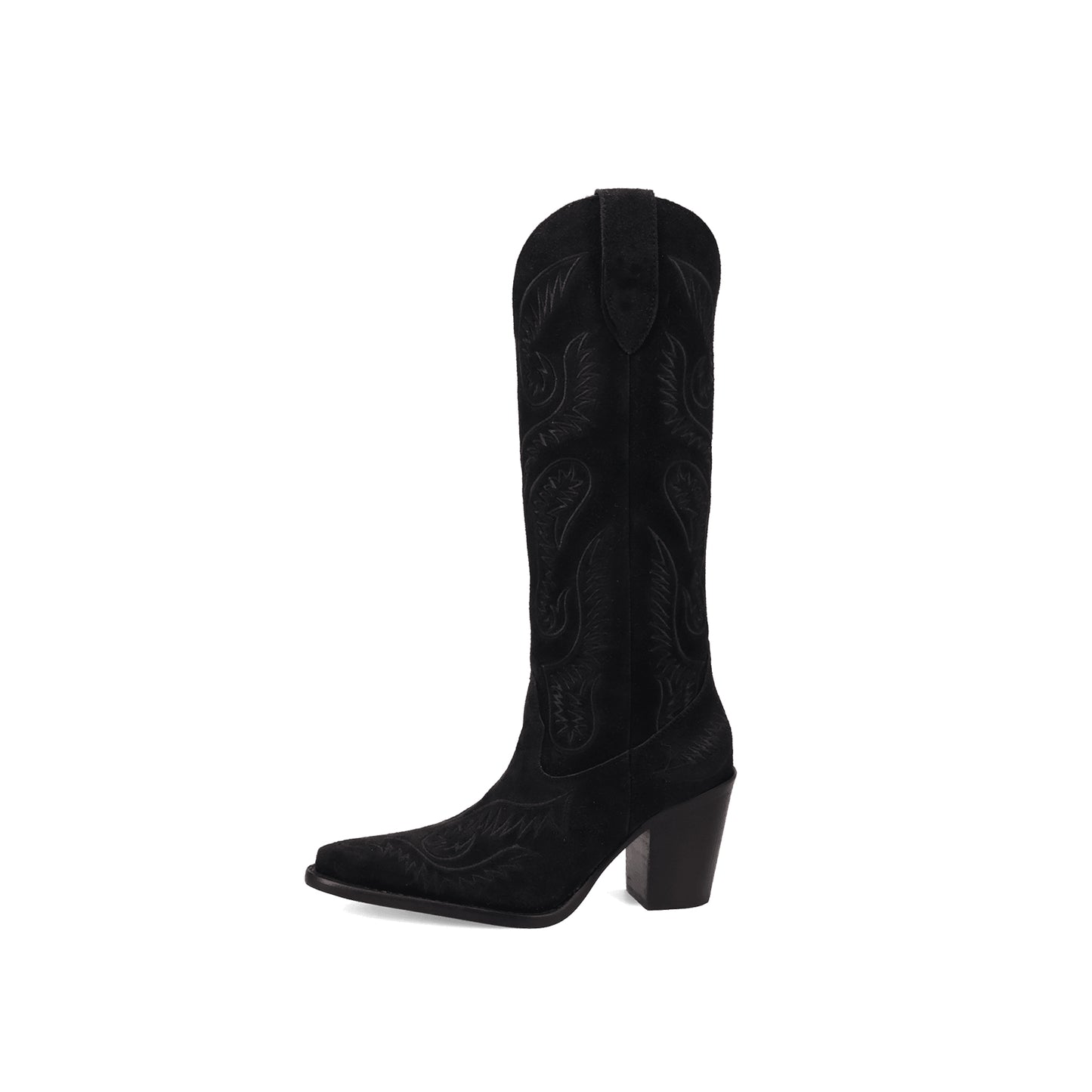 Black Faux Suede Snip-Toe Lively Embroidery Wide Calf Knee High Cowgirl Boots
