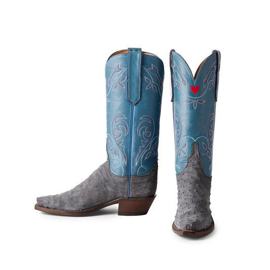 Contrast Blue And Gray Snip-Toe Embroidery Mid Calf Cowgirl Boots