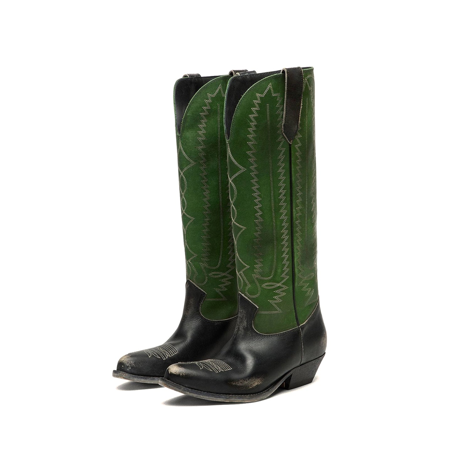 Contrast Green And Black Snip-Toe Chic Embroidery Wide Calf Knee High Cowgirl Boots