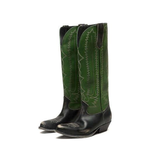 Contrast Green And Black Snip-Toe Chic Embroidery Wide Calf Knee High Cowgirl Boots