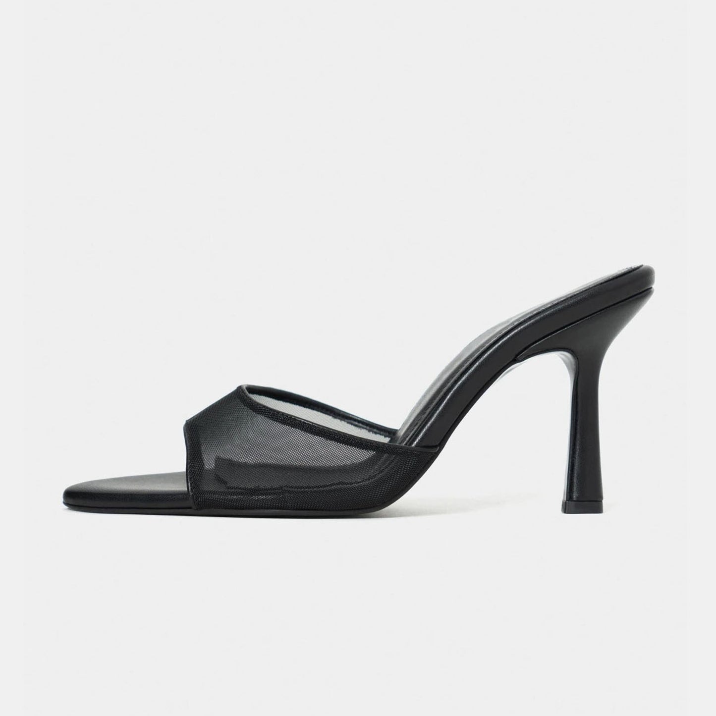 Black Mesh And Vegan Leather Pointed-Toe Backless Simple Pumps High Heels