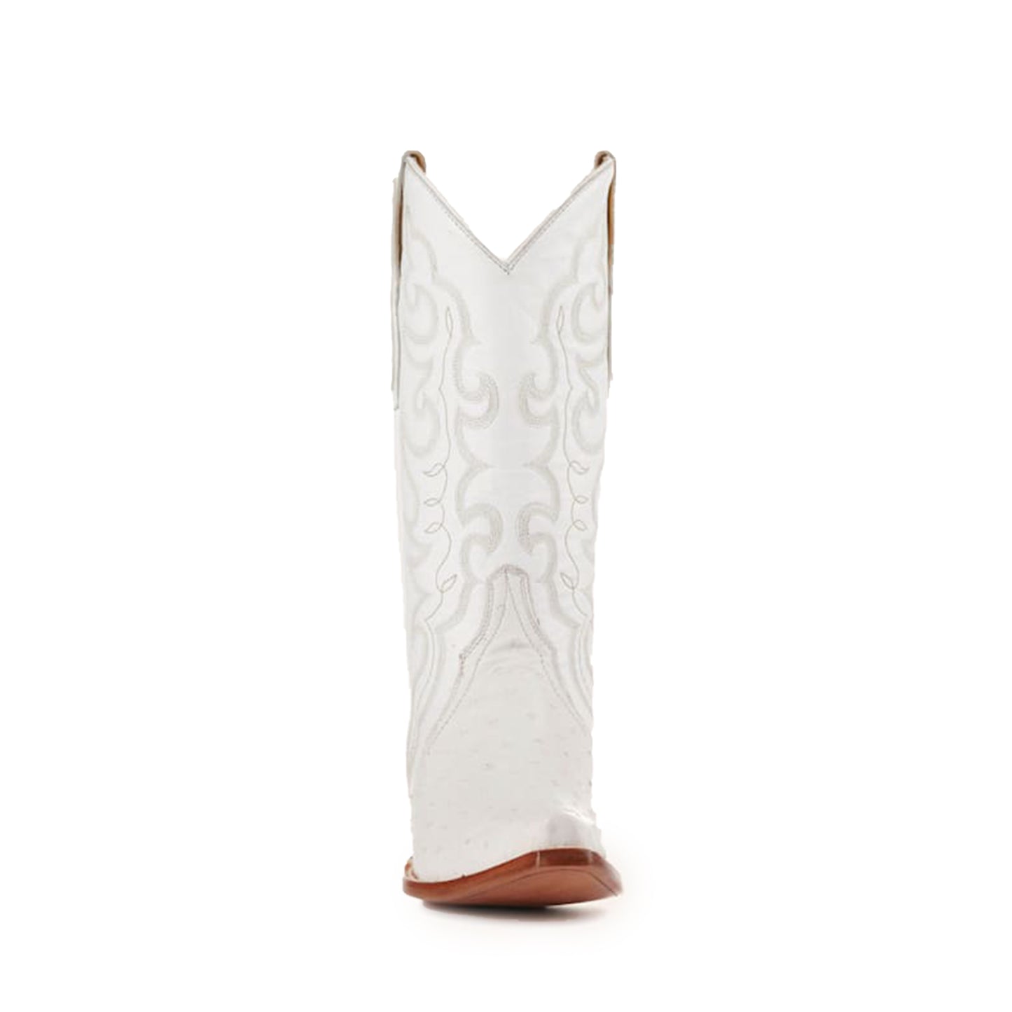 White Contrast Vegan Leather And Ostrich Print Snip-Toe Embroidery Classic Mid Calf Cowgirl Boots