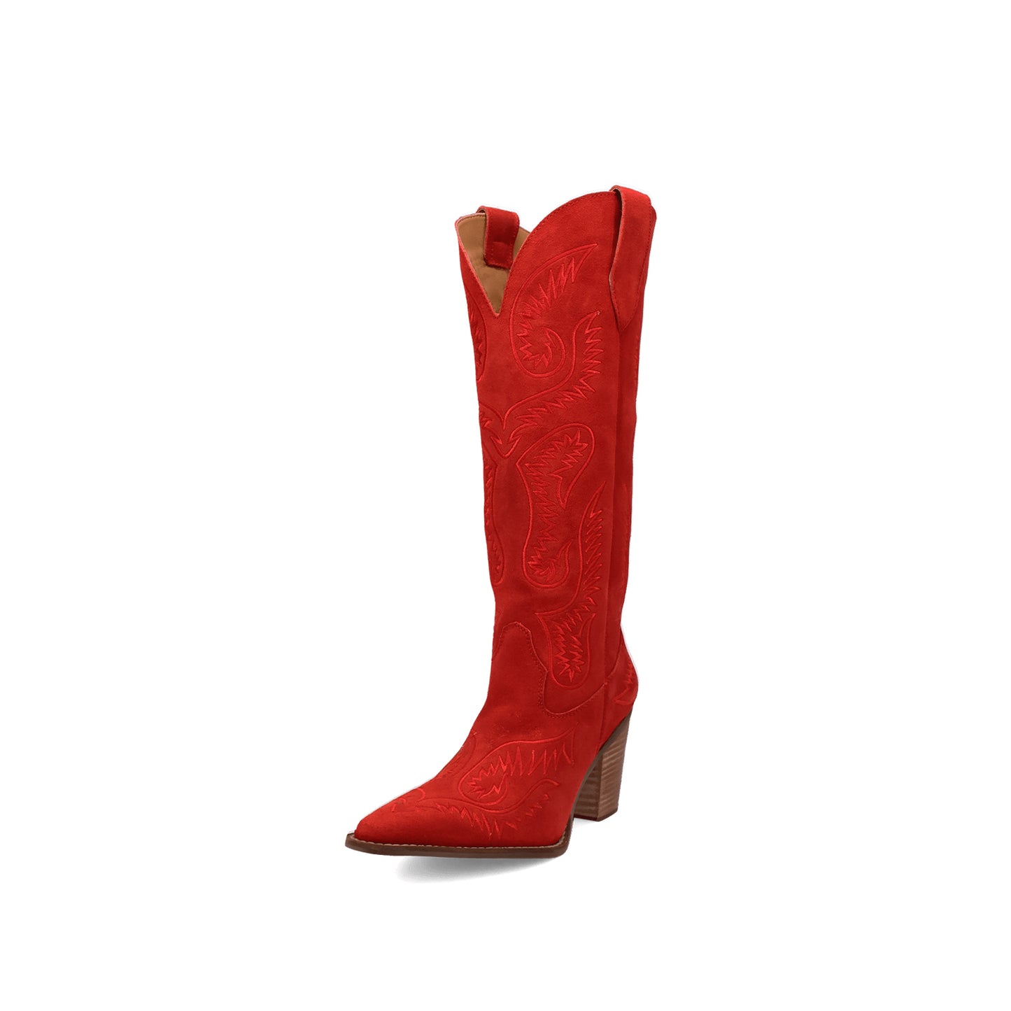 Red Faux Suede Snip-Toe Lively Embroidery Wide Calf Knee High Cowgirl Boots