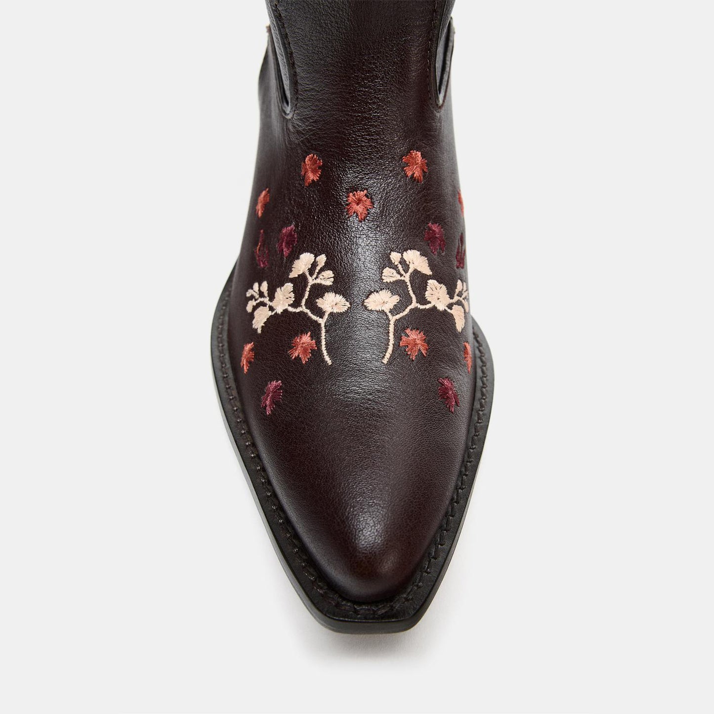 Brown Snip-Toe Plum Blossom Embroidery Mid Calf Chic Cowgirl Boots
