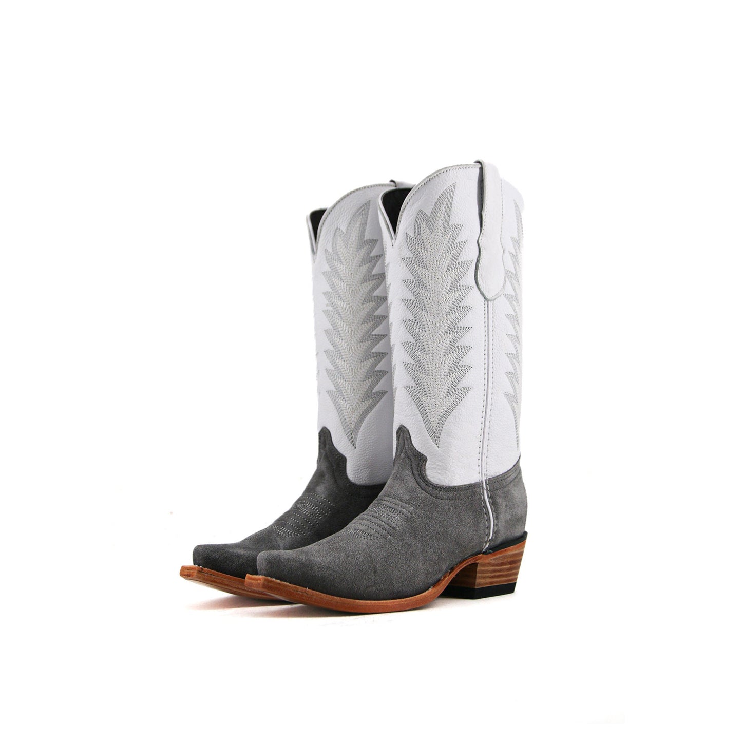 Contrast White And Gray Faux Suede Snip-Toe Embroidery Mid Calf Cowgirl Boots