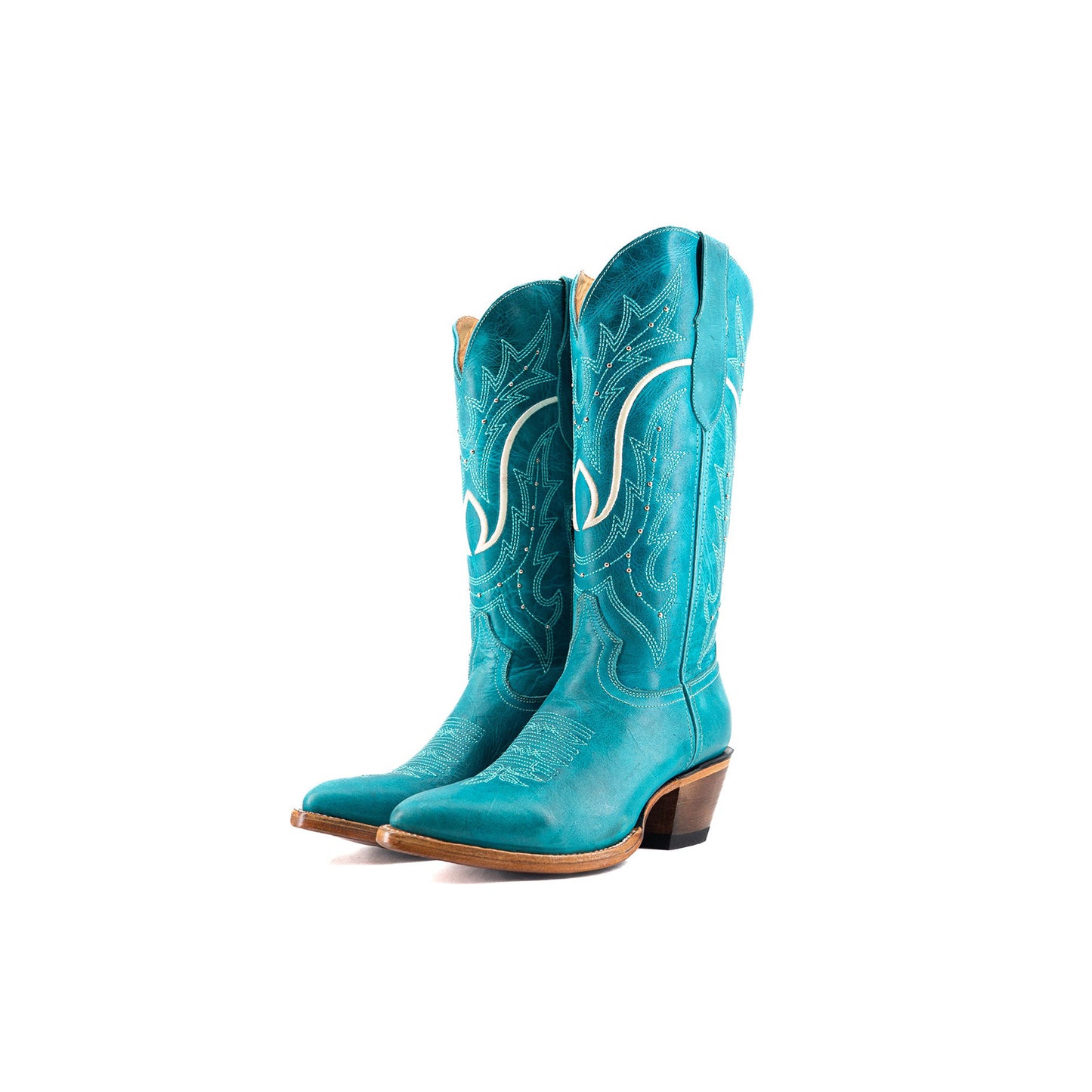 Turquoise Almond-Toe Embroidery Studs Half-Zip Mid Calf Cowgirl Boots
