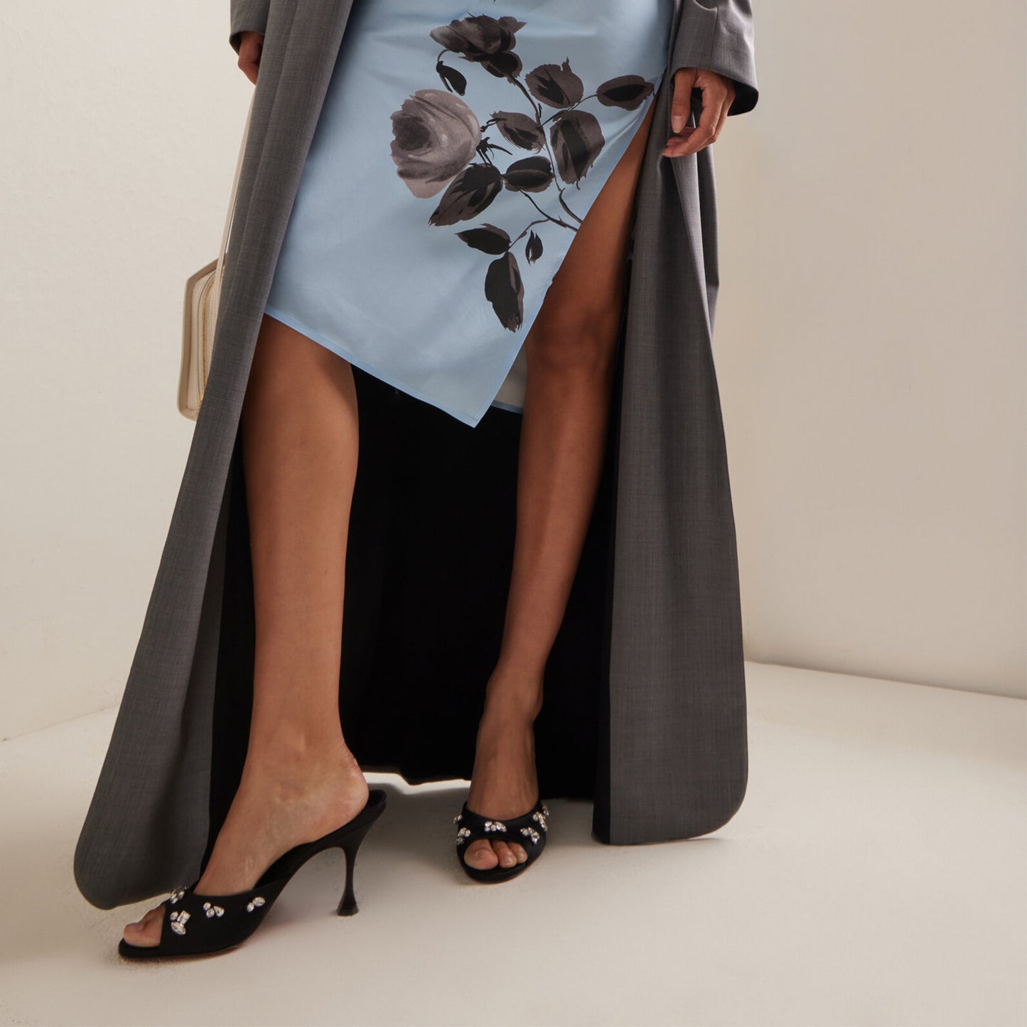 Black Satin Peep Round-Toe Front Crystals Slip-On Backless High Heels