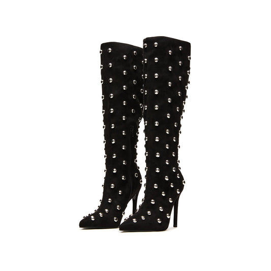 Black Faux Suede Pointed-Toe Full Studs Half-Zip Knee High Stiletto Boots