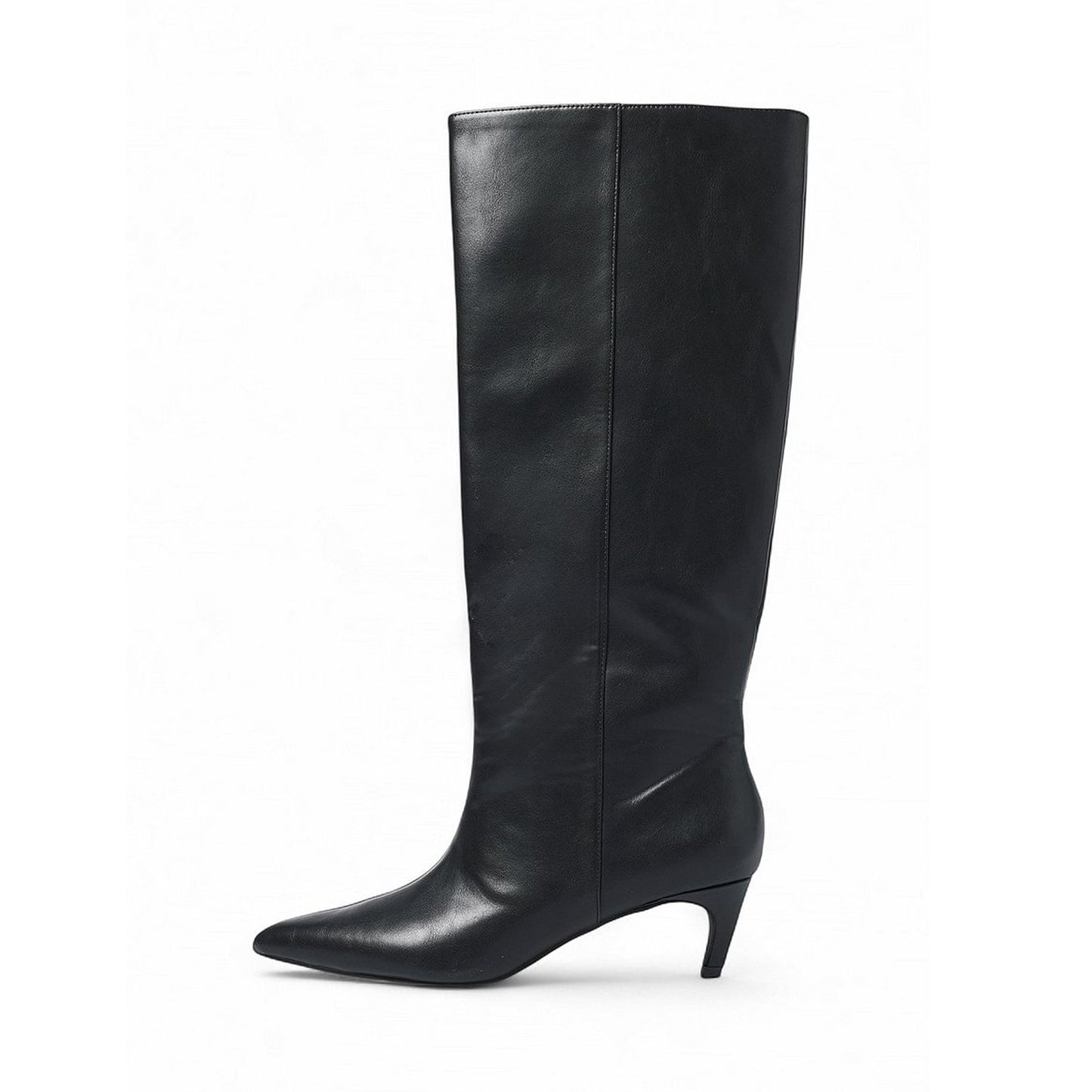 Black Vegan Leather Pointed-Toe Full-Zip Knee High Stiletto Boots