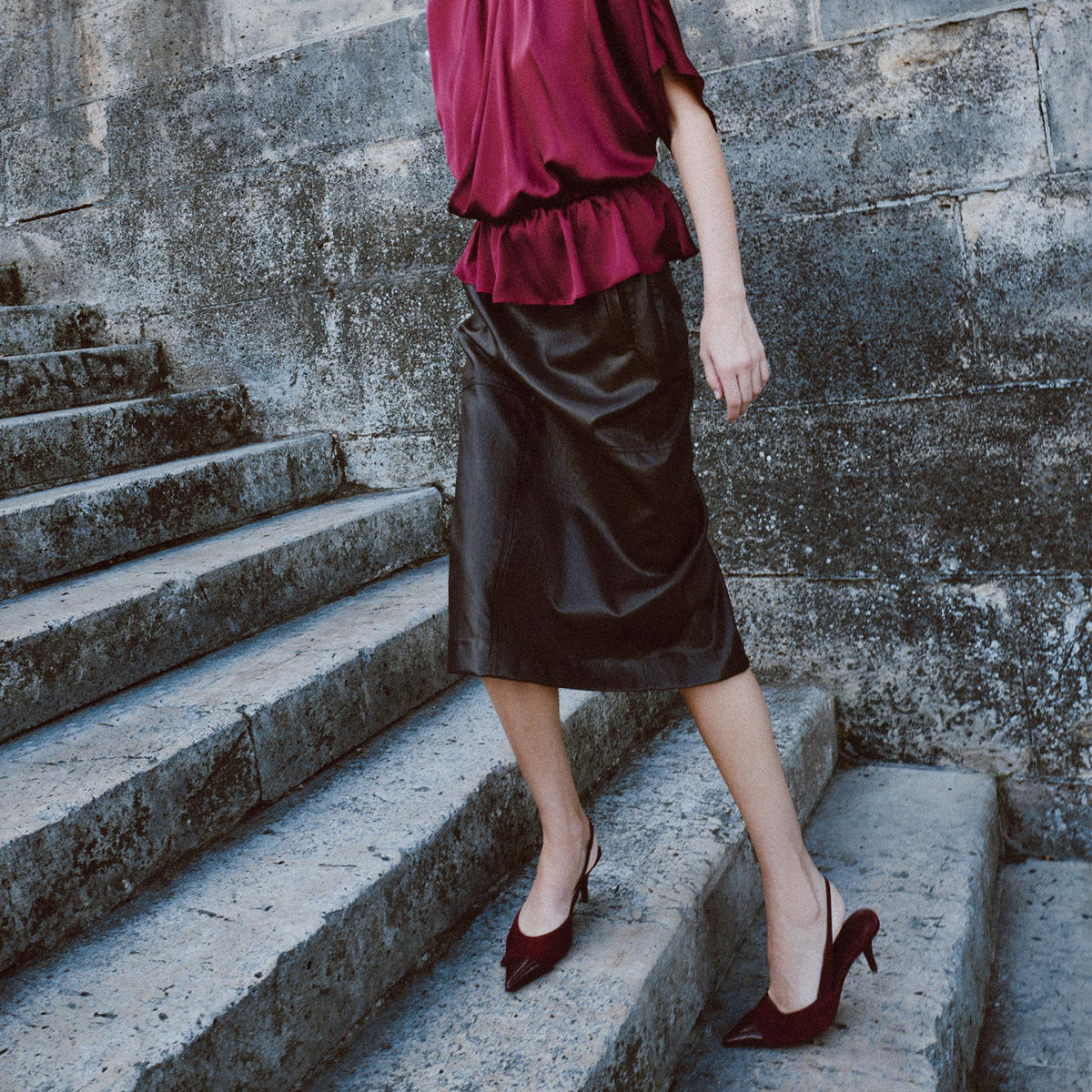 Burgundy Patent Leather And Faux Suede Pointed-Toe Slingback Kitten Heels