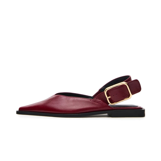 Burgundy Vegan Leather Pointed-Toe Slingback Buckle Flats