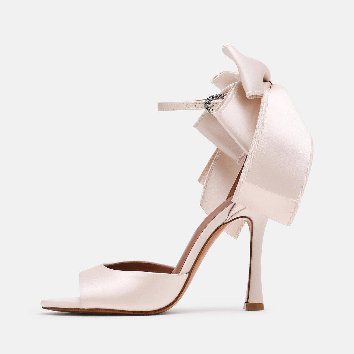 Ivory Satin Round-Toe Back Big Bow And Ankle Strap Chic High Heels