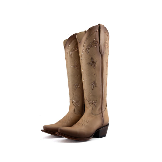 Latte Snip-Toe Rhinestone Embroidery Half-Zip Knee High Cowgirl Boots