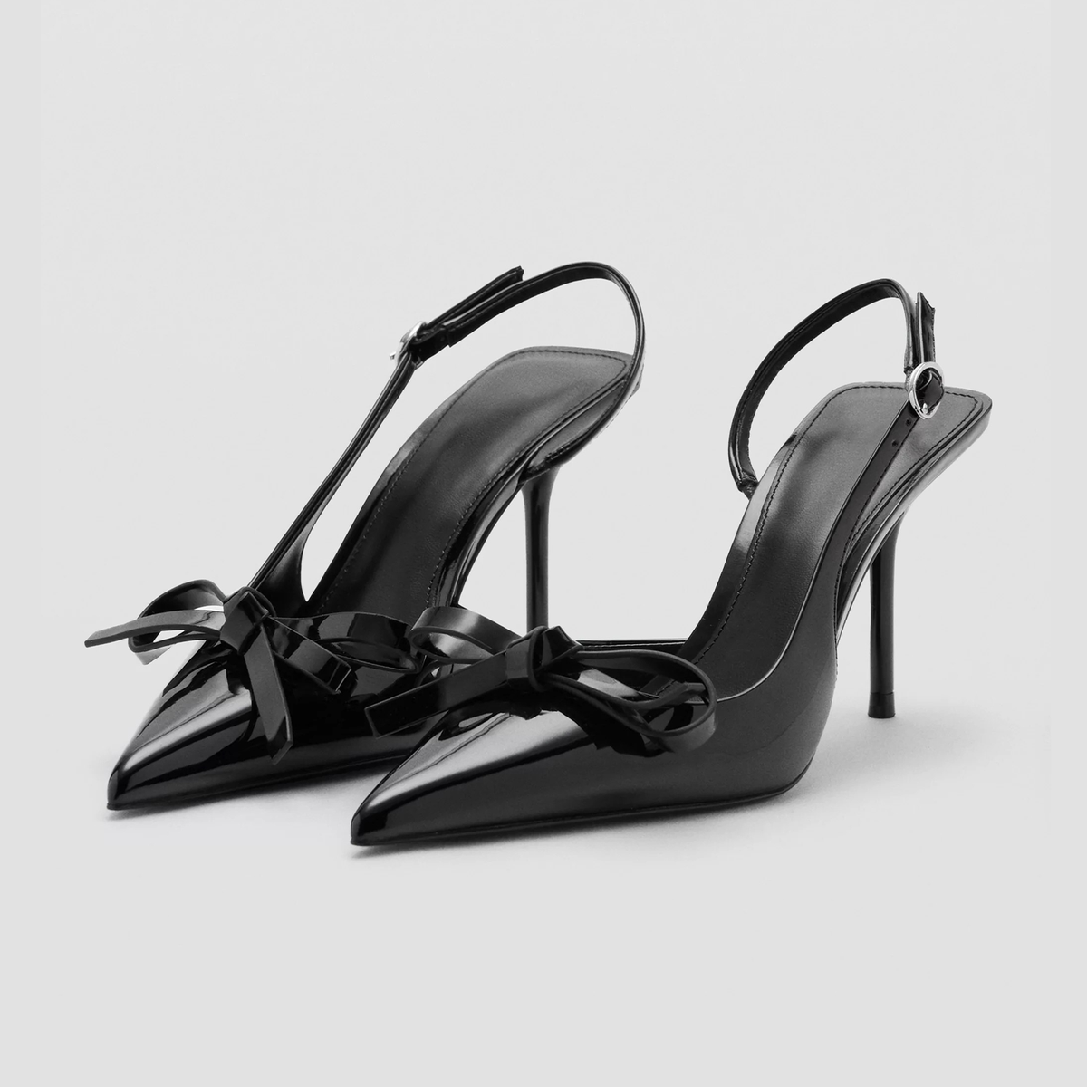 Patent Black Pointed-Toe Front Bow Slingback With Buckle High Heels