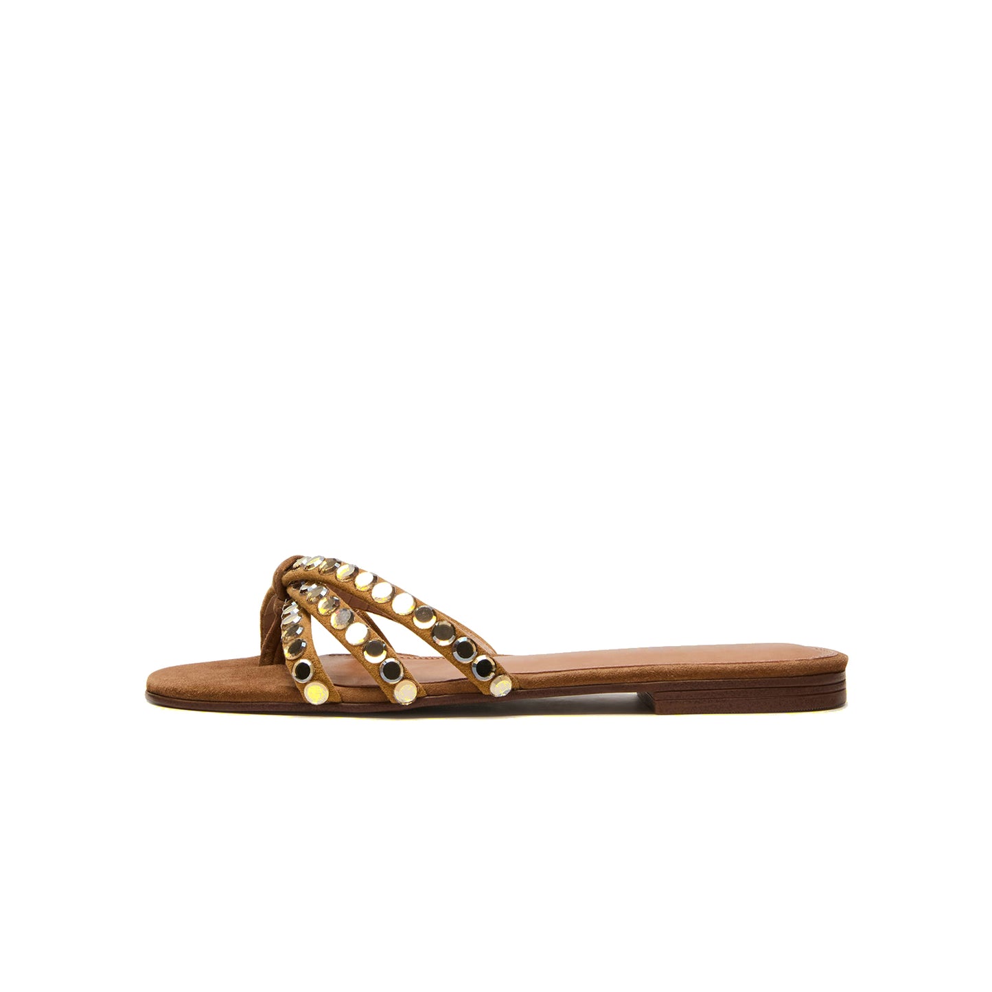 Brown Faux Suede Square-Toe Front Strappy With Rhinestones Backless Flats