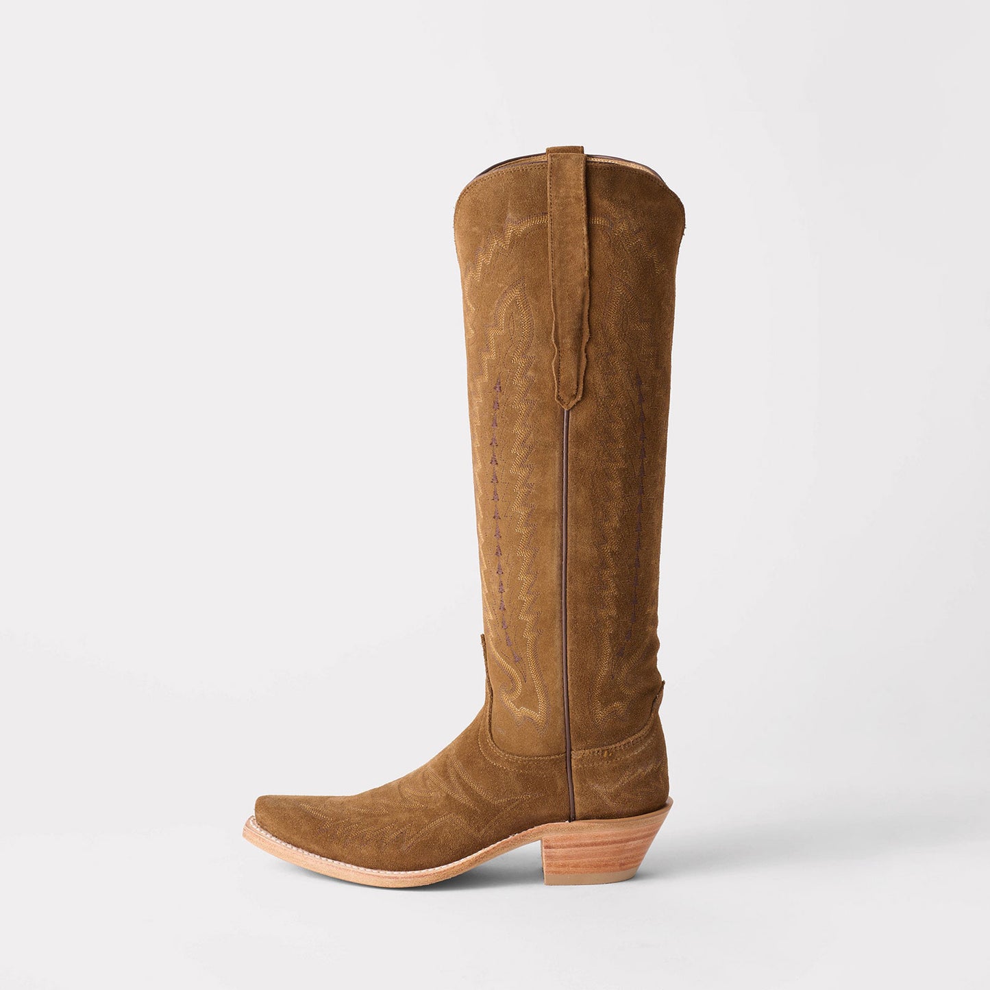 Coffee Faux Suede Snip-Toe Western Embroidery Wide Calf Knee High Chic Cowgirl Boots