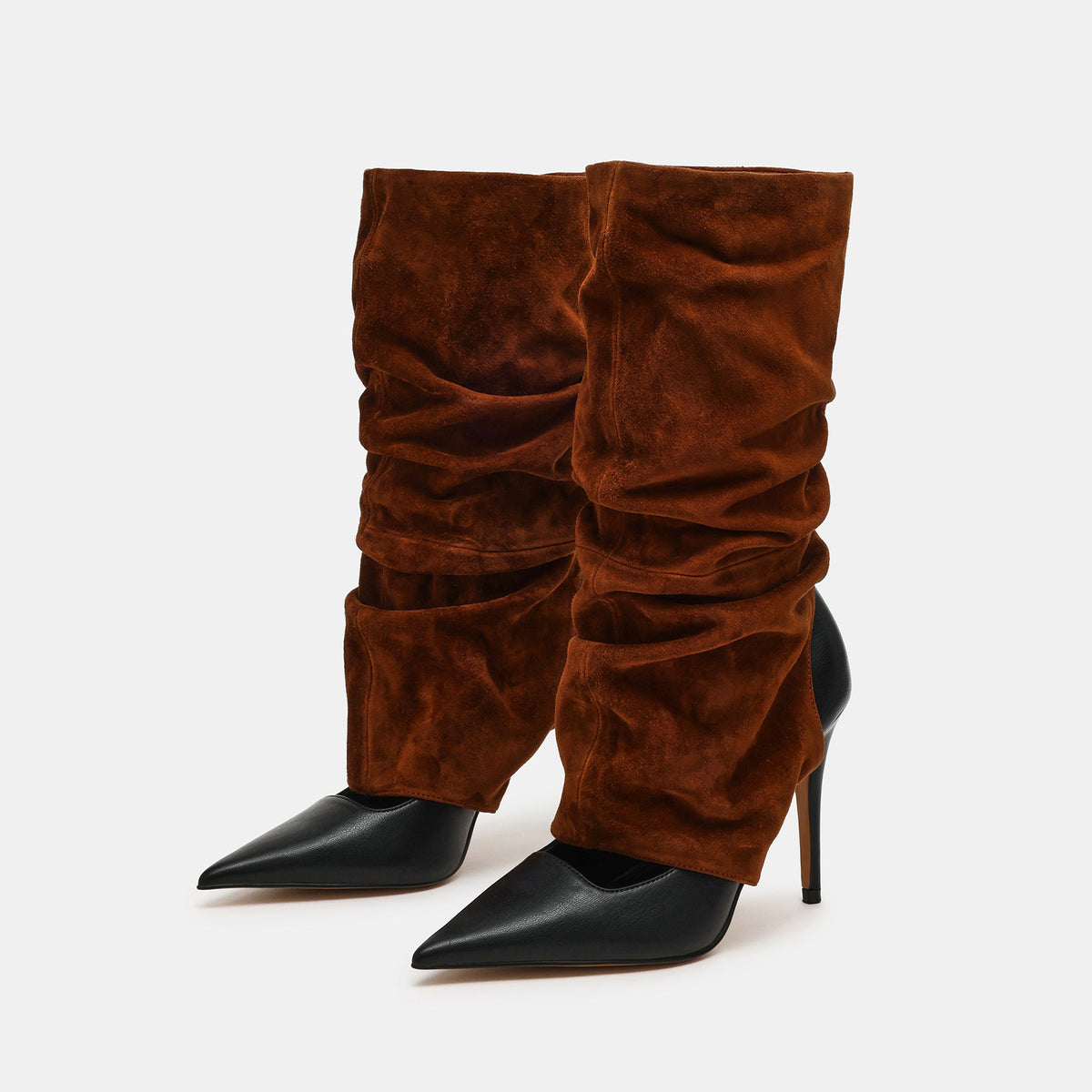 Brown Faux Suede And Black Vegan Leather Pointed-Toe Slip-On Mid Calf Stiletto Boots