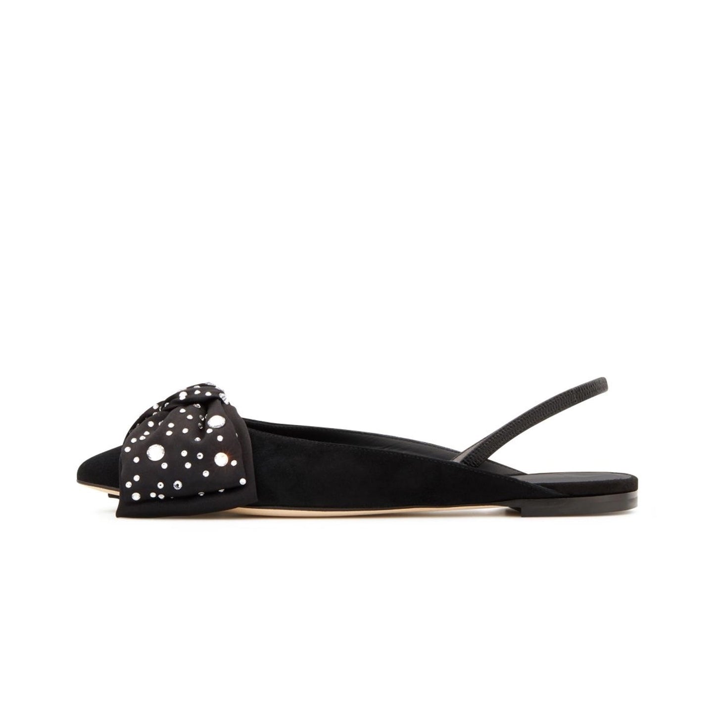 Black Faux Suede Pointed-Toe Front Bow With Rhinestones Slingback Flats