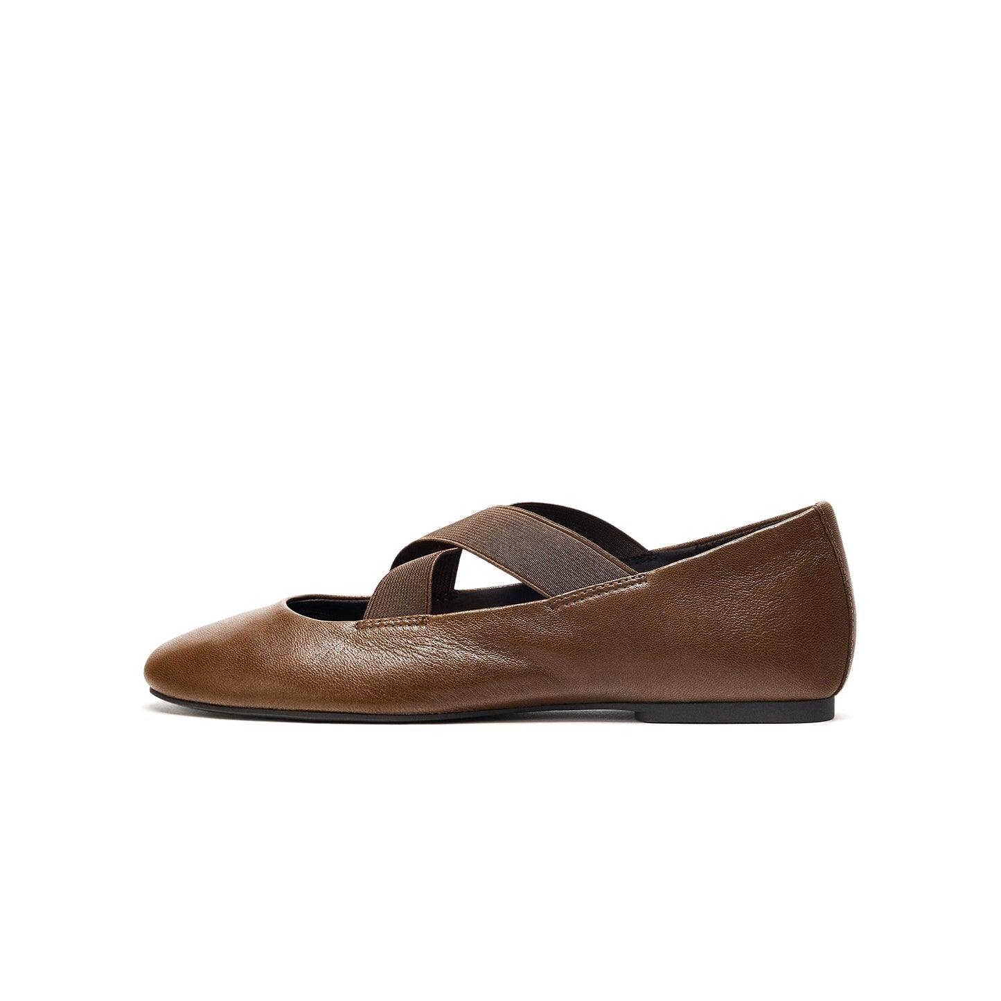 Chocolate Round-Toe Crossed Elastic Straps Ballet Flats