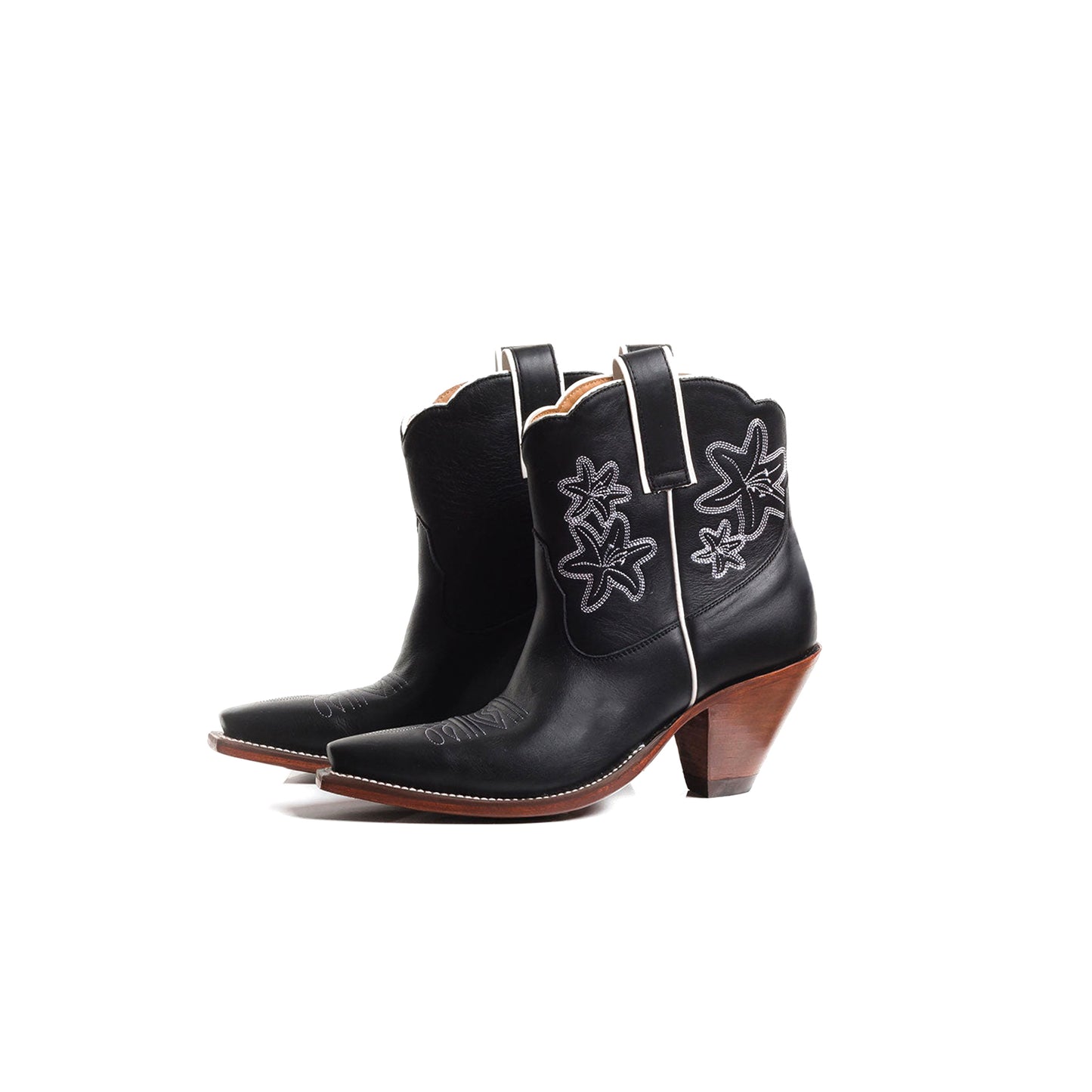 Black Snip-Toe Flowers Embroidery Ankle Cowgirl Boots