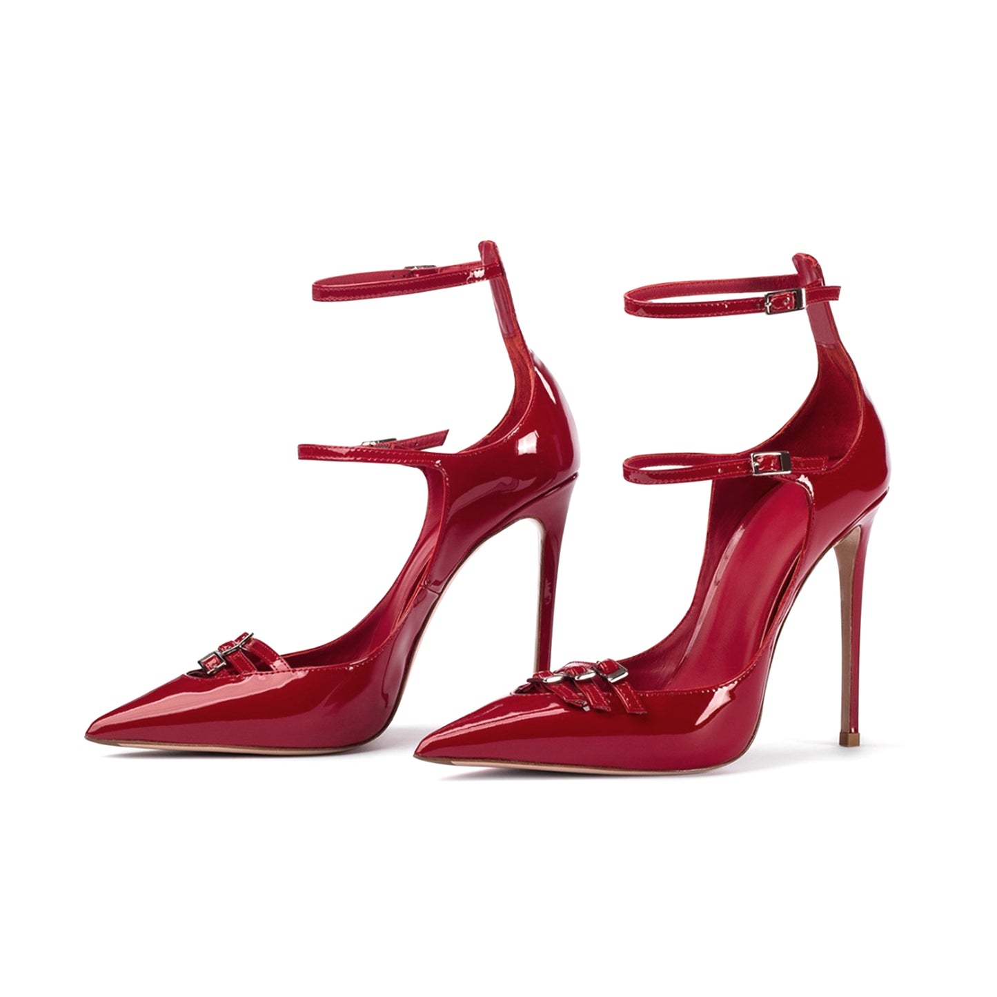 Patent Red Pointed-Toe Front Straps Double Ankle Straps High Heels