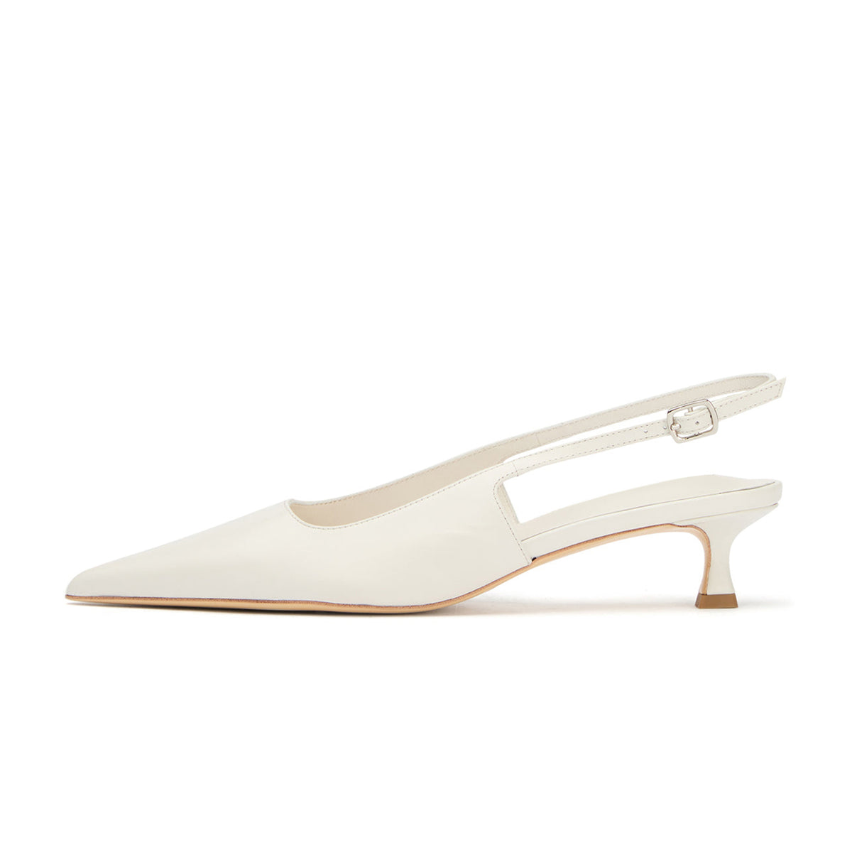 Chic Pointed-Toe Buckle Slingback Kitten Heels - White