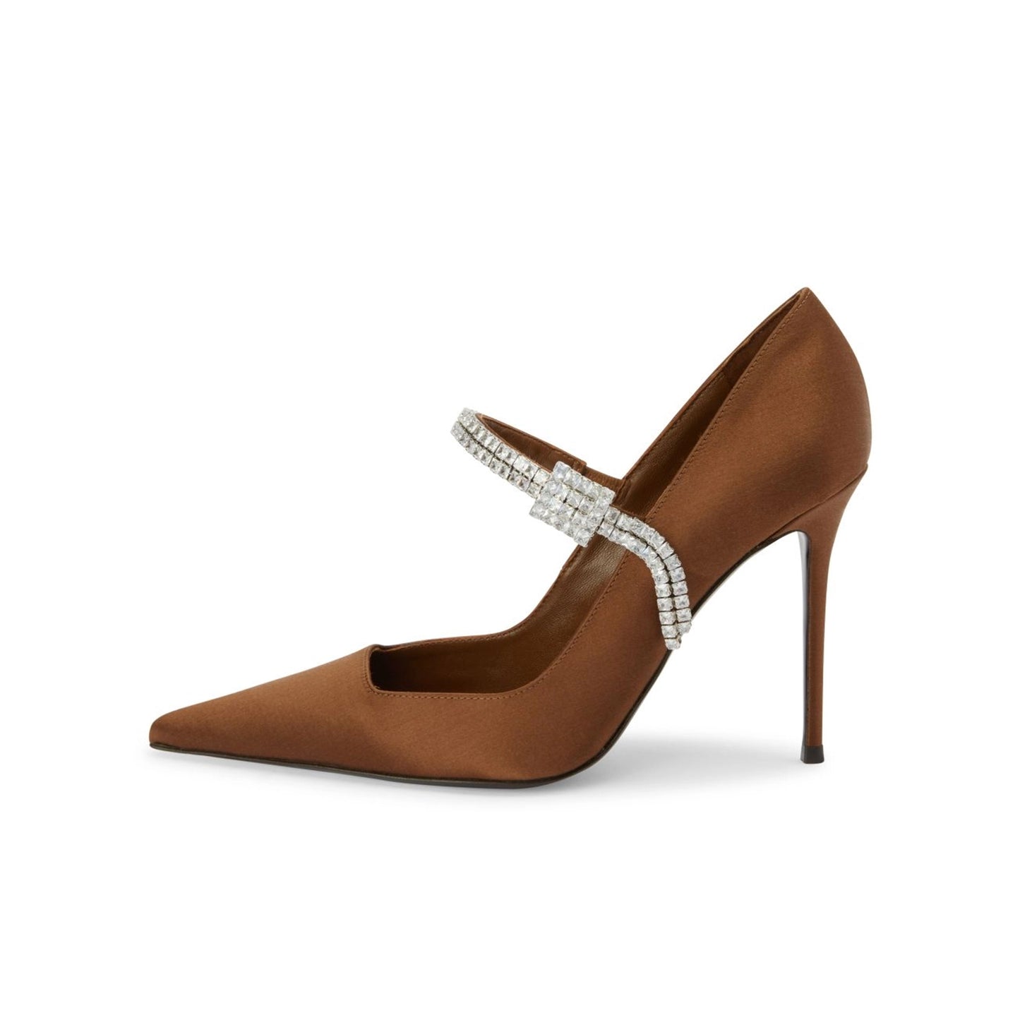 Brown Satin Pointed-Toe Bridge Strap With Crystals High Heels