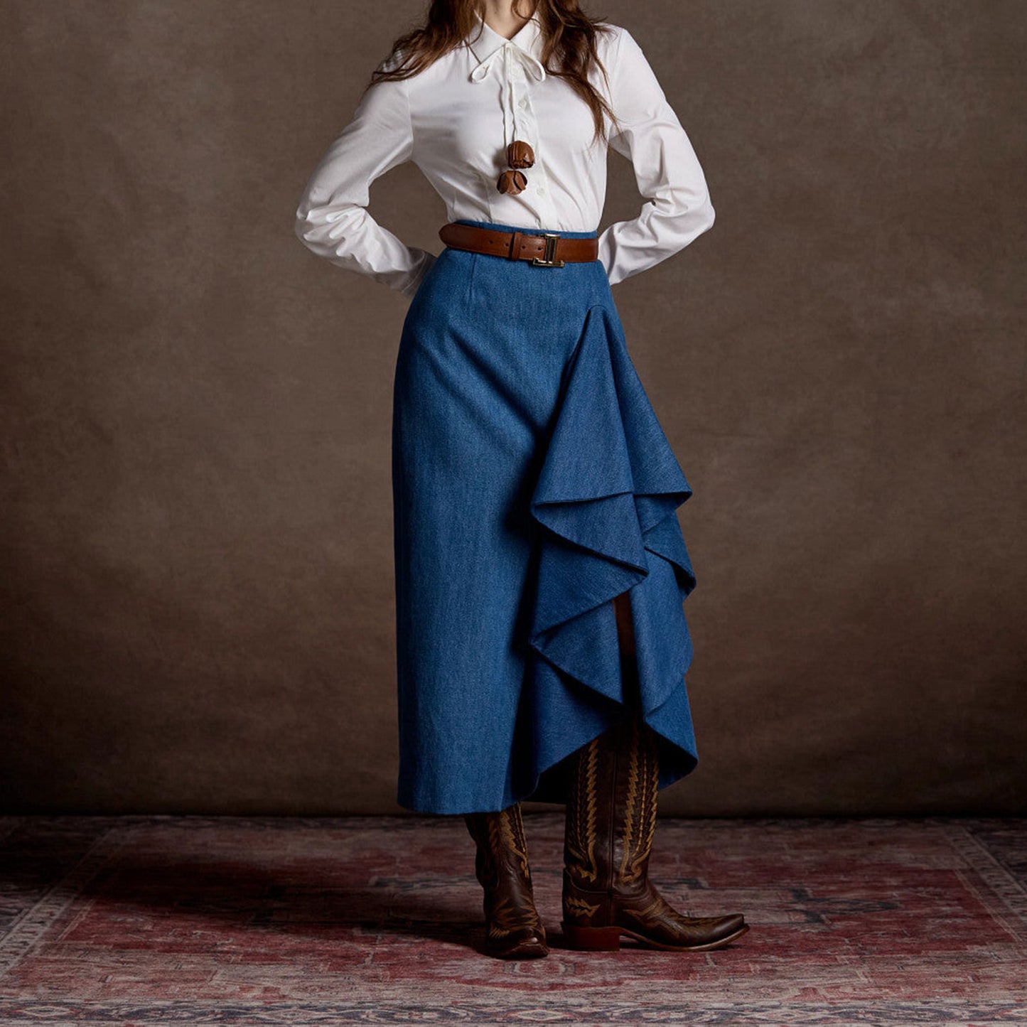Brown Snip-Toe Western Embroidery Wide Calf Chic Knee High Cowgirl Boots