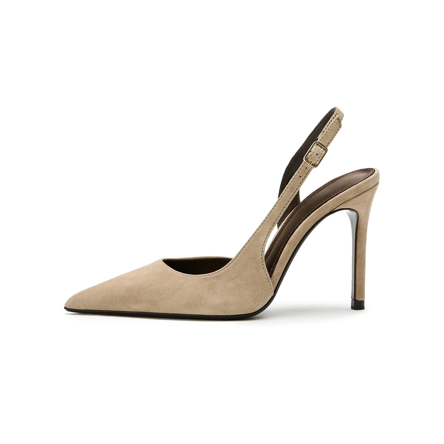 Beige Faux Suede Pointed-Toe Buckle Back Strap Chic High Heels