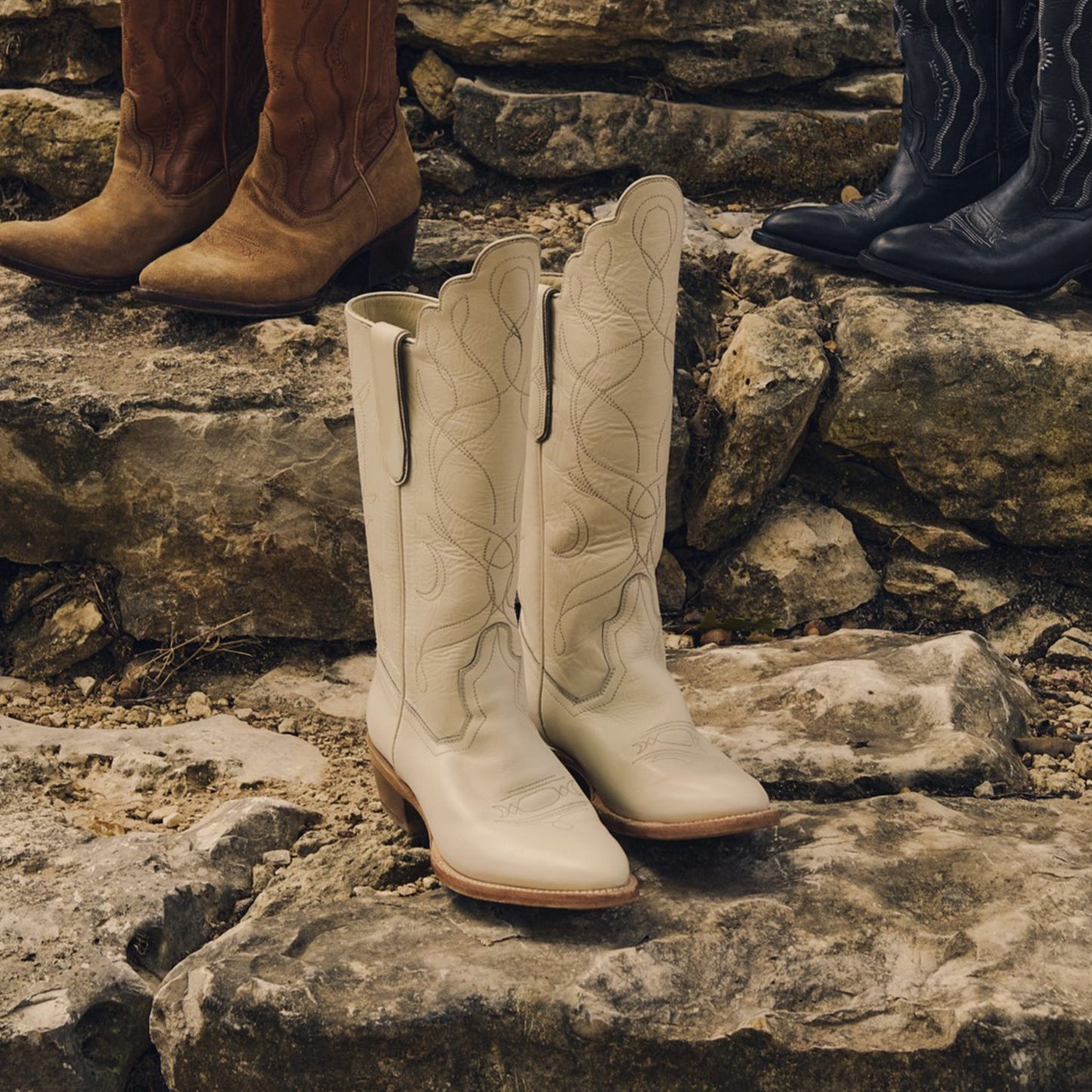 Ivory Round-Toe Classic Embroidery Mid Calf Cowgirl Boots For Women