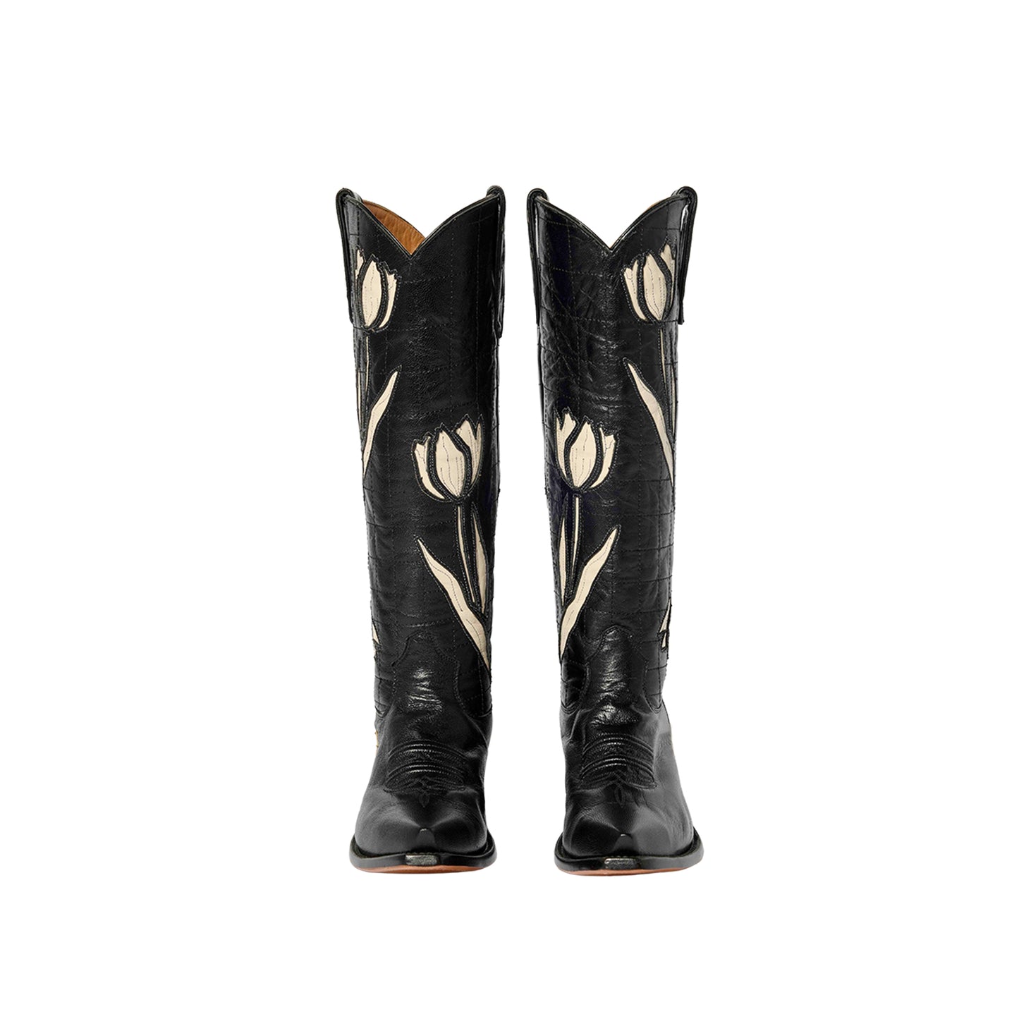 Black Snip-Toe Tulip Inlay Knee High Wide Calf Cowgirl Boots
